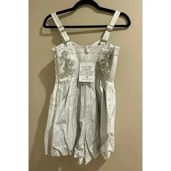 Free People Janelle Bubble Dress Denim Beaded Romper 0 NWT - Picture 9 of 11
